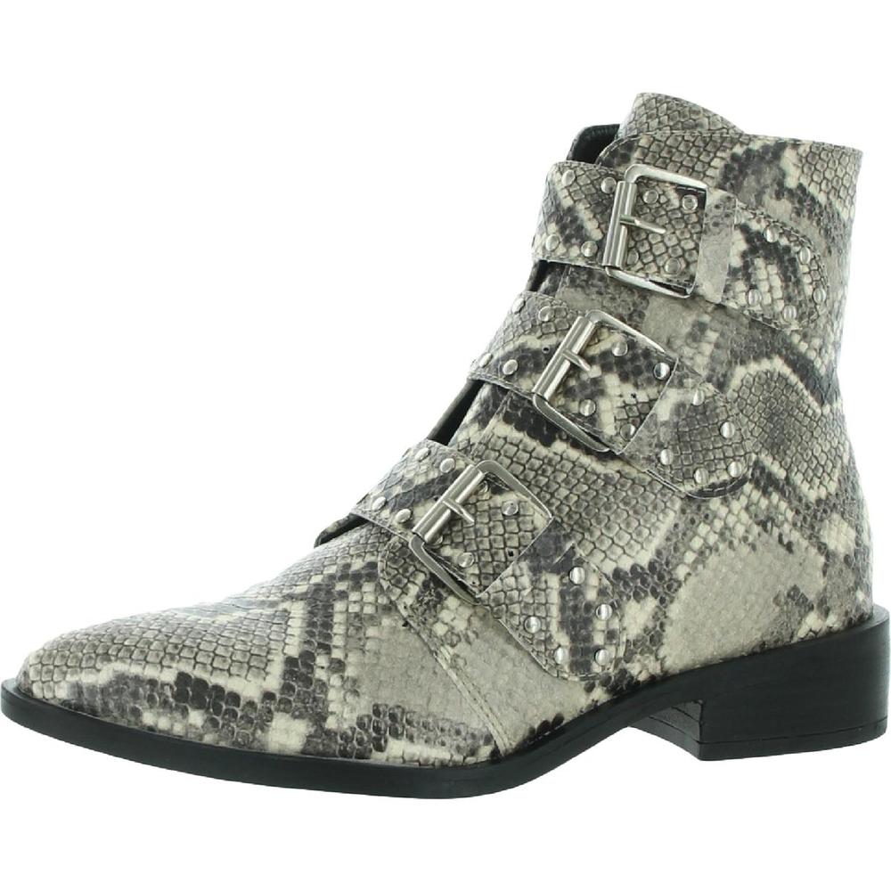 Snake-Print Buckle Ankle Boot - Gray/Black